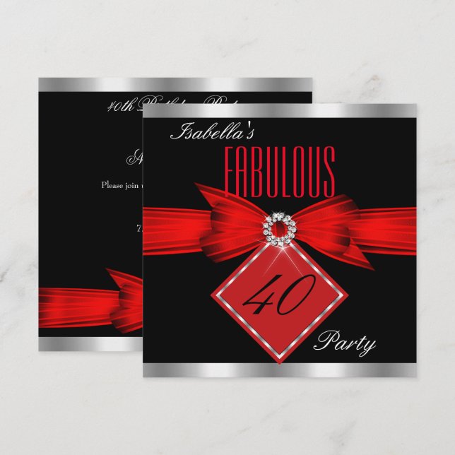 Fabulous 40 Red Black Silver Birthday Party Invitation (Front/Back)