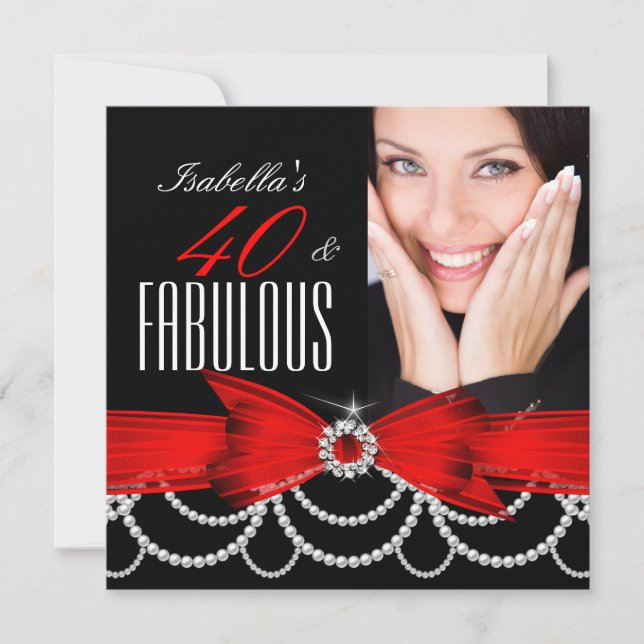 Fabulous 40 Red Black White Pearl Photo Birthday Invitation (Front)