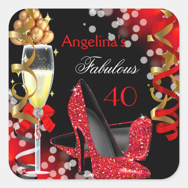 Fabulous 40 Red Heels Gold Bubbles Birthday Party Square Sticker (Front)