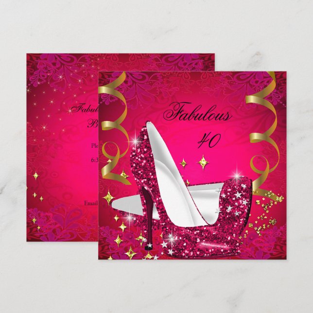 Fabulous 40 Woman's Pink Red Gold Heels Birthday Invitation (Front/Back)