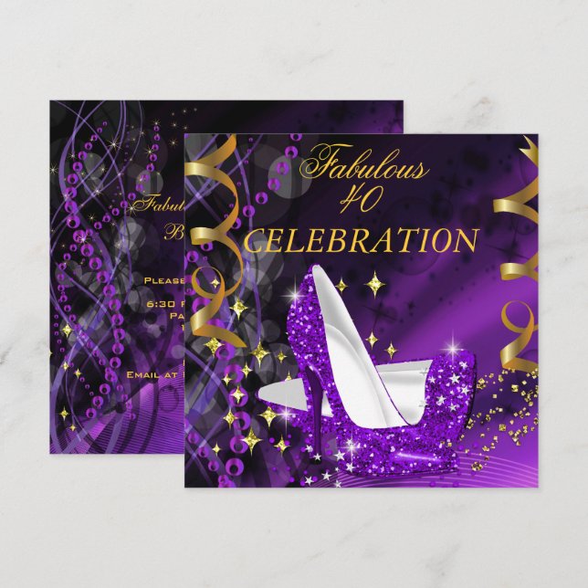 Fabulous 40 Woman's Purple Gold Heels Birthday Invitation (Front/Back)