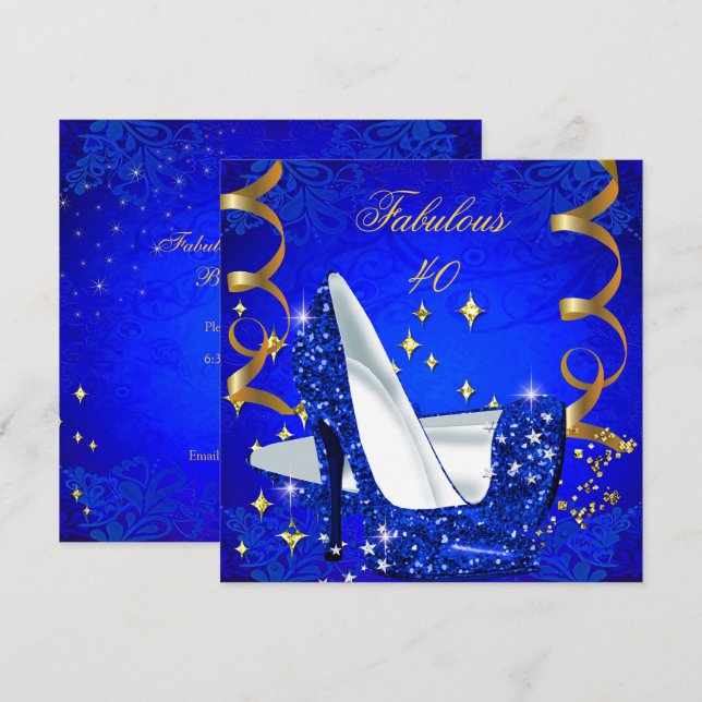 Fabulous 40 Woman's Royal Blue Gold Heels Birthday Invitation (Front/Back)