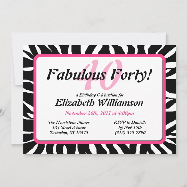 Fabulous 40 Zebra Print & Pink Birthday Invites (Front)