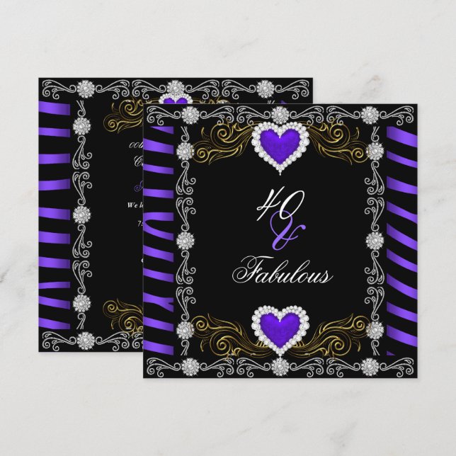 Fabulous 40 Zebra Purple Black Silver 40th Party Invitation (Front/Back)