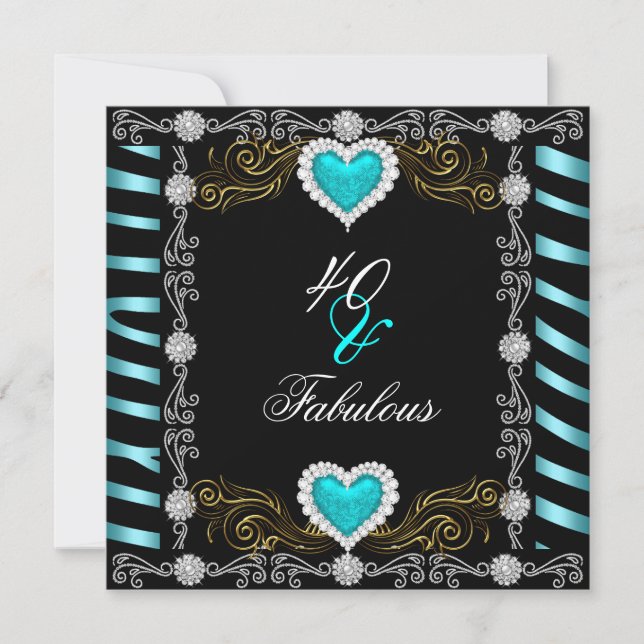Fabulous 40 Zebra Teal Black Silver 40th Birthday Invitation (Front)