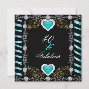 Fabulous 40 Zebra Teal Black Silver 40th Birthday Invitation