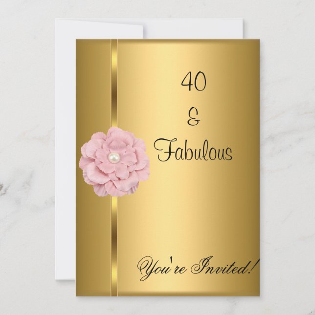 Fabulous 40th Birthday Gold Pearl Pink Flower Invitation (Front)