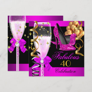 Fabulous 40th Hot Pink Black Champagne Party Invitation