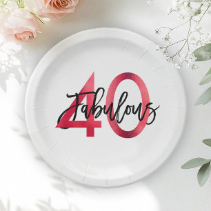 Fabulous 40th   Modern Elegant Chic Red Birthday Paper Plate