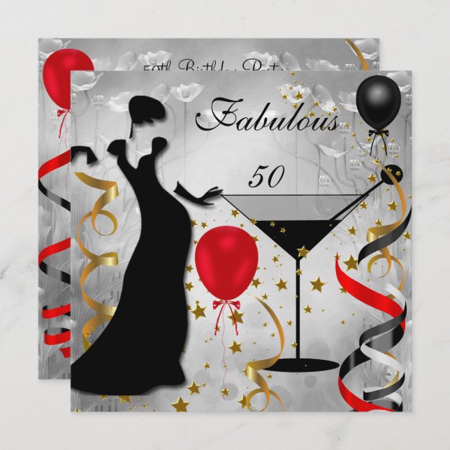 Fabulous 50 50th Birthday Party Deco Lady Red Invitation (Front/Back)