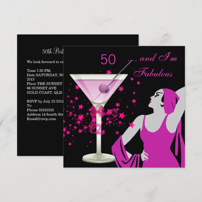 Fabulous 50 50th Birthday Party Diva Pink Black Invitation (Front/Back)