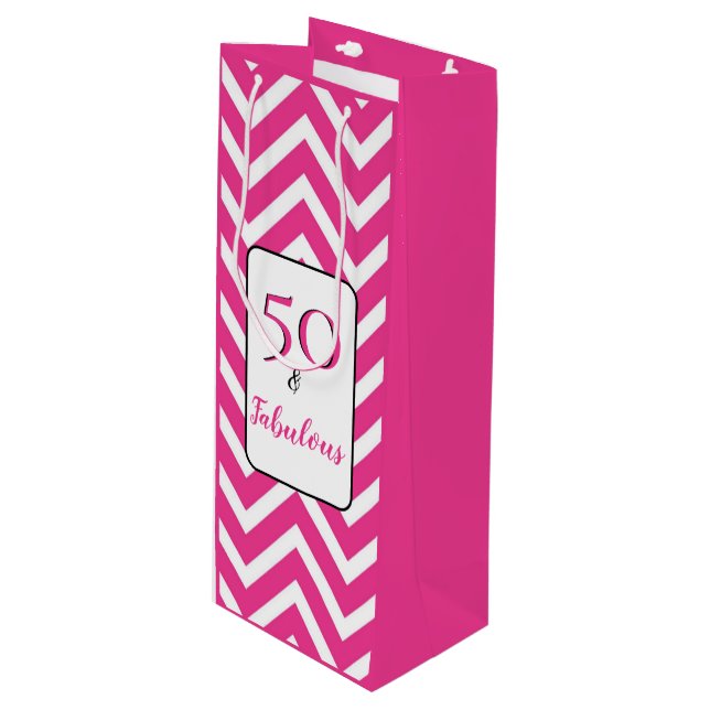 Fabulous & 50 50th Birthday White Pink Chevrons Wine Gift Bag (Front Angled)