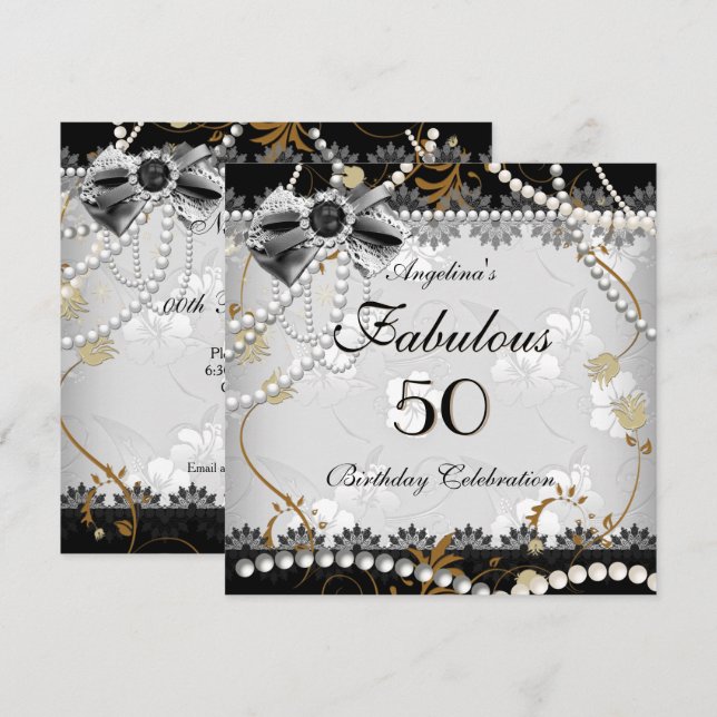 Fabulous 50 Beige Gold Black Grey Floral Birthday Invitation (Front/Back)