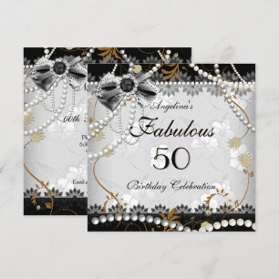 Fabulous 50 Beige Gold Black Grey Floral Birthday Invitation