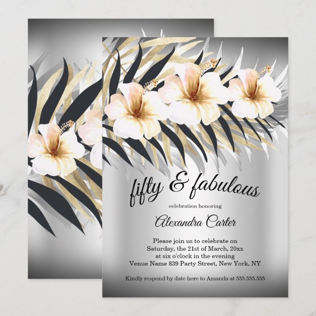 Fabulous 50 Beige Silver Gold Hibiscus party Invitation (Front/Back)