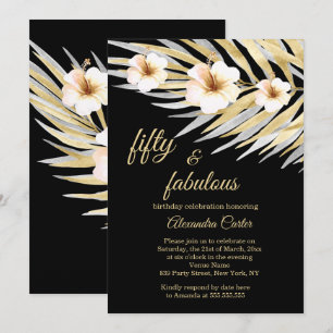 Fabulous 50 Beige White Black Floral Birthday Invitation