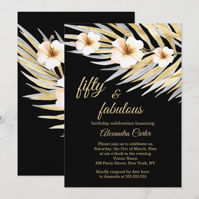 Fabulous 50 Beige White Black Floral Birthday Invitation (Front/Back)