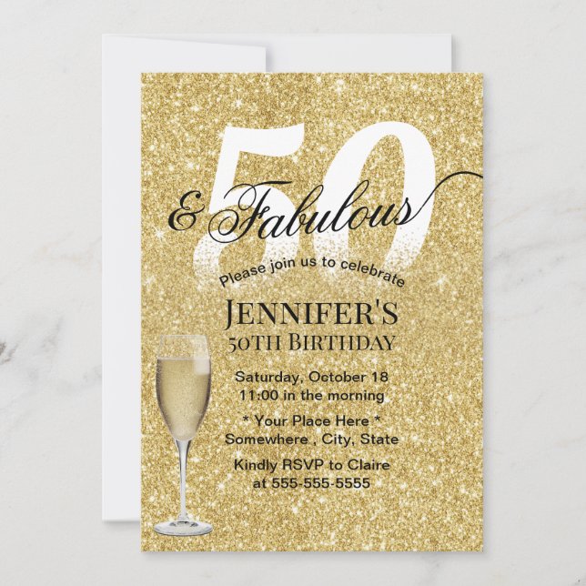 Fabulous 50 Birthday Champagne Modern Gold Glitter Invitation (Front)
