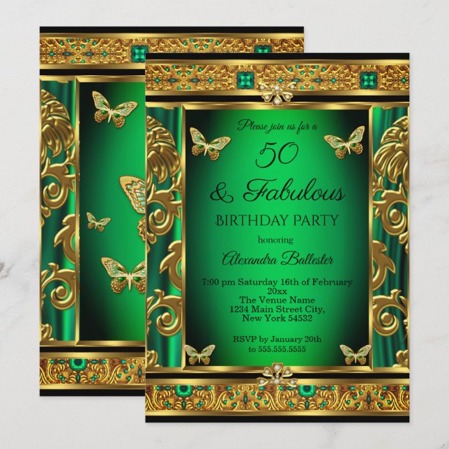 Fabulous 50 Birthday Emerald Green Butterfly Gold  Invitation (Front/Back)