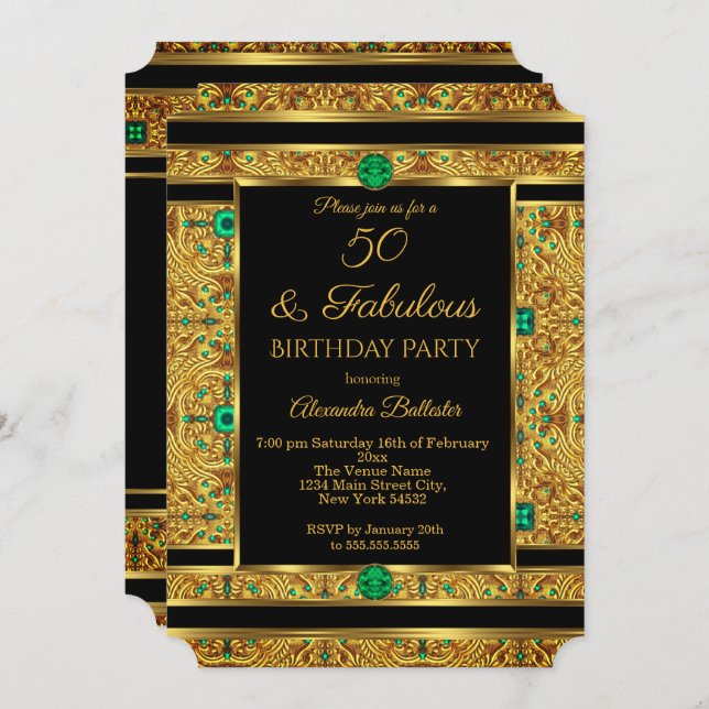 Fabulous 50 Birthday Emerald Green Gem Gold Invitation (Front/Back)