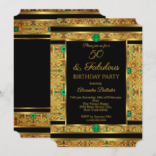 Fabulous 50 Birthday Emerald Green Gem Gold Invitation