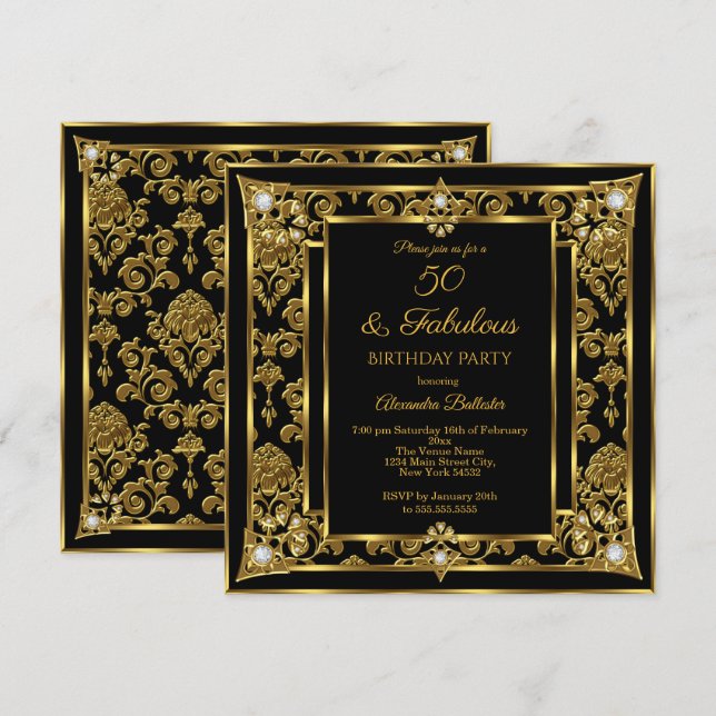 Fabulous 50 Birthday Gold Black Damask Diamond Invitation (Front/Back)