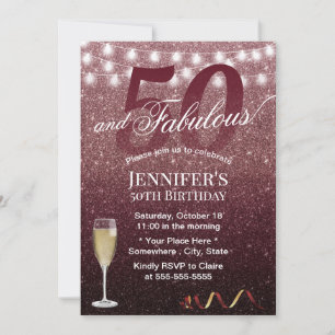 Fabulous 50 Birthday Modern Burgundy Red Glitter Invitation