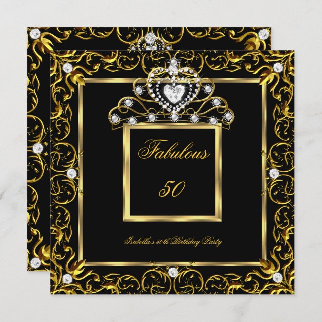 Fabulous 50 Birthday Party Black Gold Tiara Invitation (Front/Back)