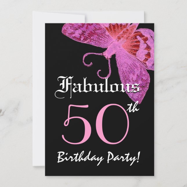 Fabulous 50 Birthday Party Pink Butterfly Invitation (Front)