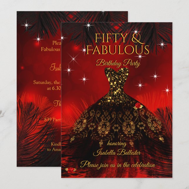 Fabulous 50 Birthday Party Red Dress Black Gold Invitation (Front/Back)