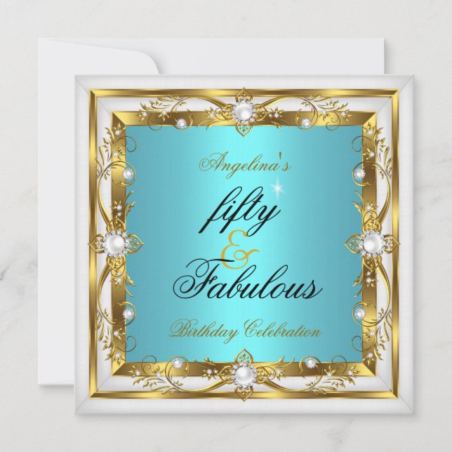 Fabulous 50 Birthday Party Teal White Pearl Gold Invitation (Front)