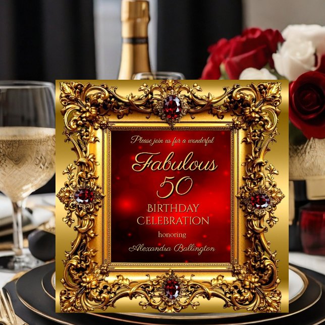 Fabulous 50 Birthday Regal Red Gold Gem Invitation (Creator Uploaded)