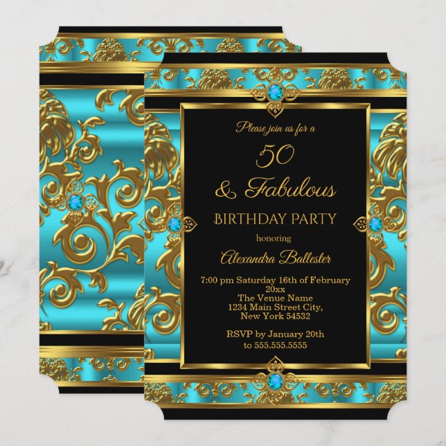 Fabulous 50 Birthday Teal Blue Jewel Damask Gold Invitation (Front/Back)