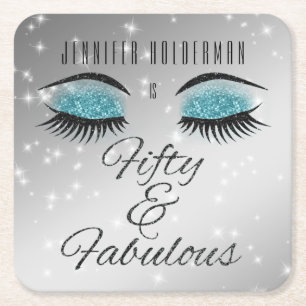 Fabulous 50 Black Aqua Glam Eyes Paper Coasters