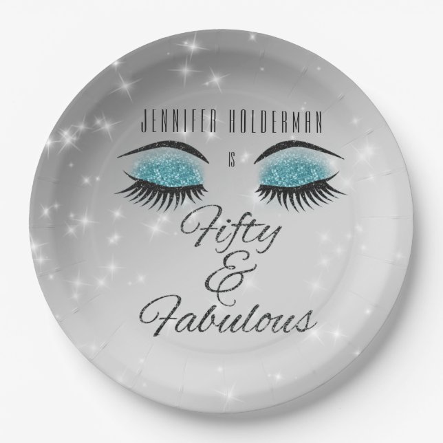 Fabulous 50 Black Aqua Glam Eyes Paper Plates (Front)