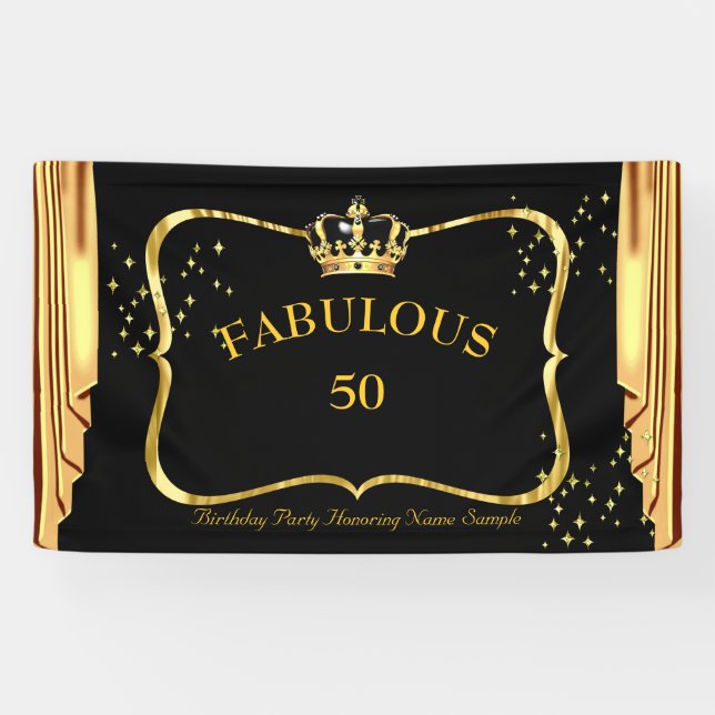 fabulous 50 Black Gold Crown Drapes Birthday party Banner (Horizontal)