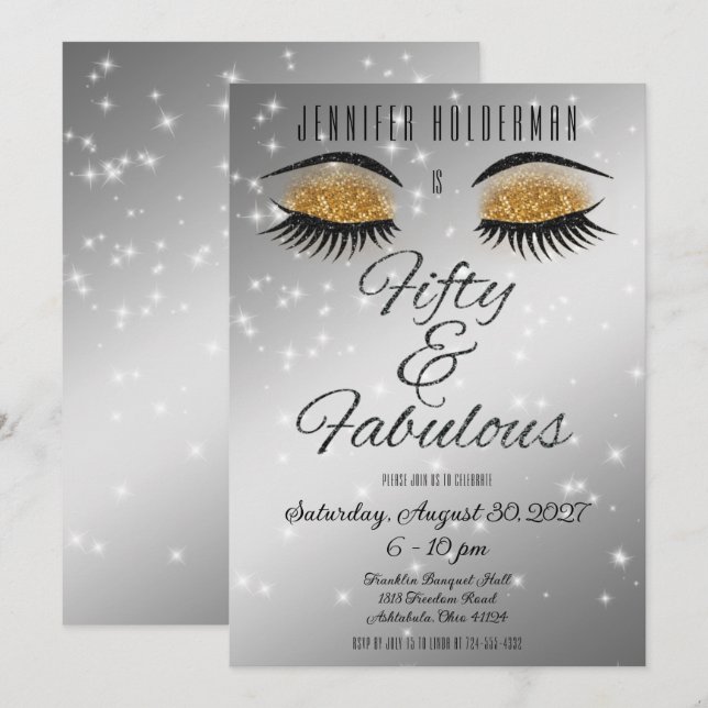 Fabulous 50 Black Gold Glam Eyes Invitation (Front/Back)