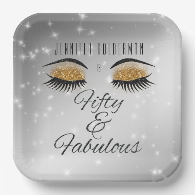 Fabulous 50 Black Gold Glam Eyes Paper Plates (Front)
