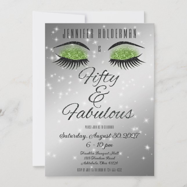 Fabulous 50 Black Green Glam Eyes Invitation (Front)