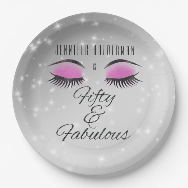 Fabulous 50 Black Pink Glam Eyes Paper Plates (Front)