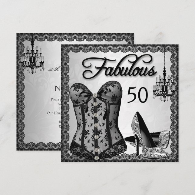 Fabulous 50 Black Silver Corset High Heels Party Invitation (Front/Back)