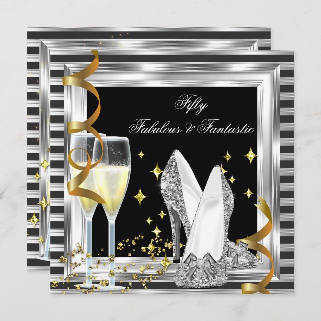 Fabulous 50 Black Silver Stripe Birthday Party Invitation (Front/Back)