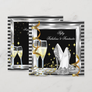 Fabulous 50 Black Silver Stripe Birthday Party Invitation