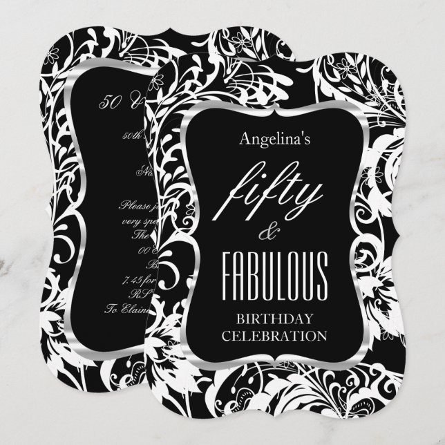 Fabulous 50 Black White Floral Elegant Party Invitation (Front/Back)