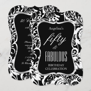 Fabulous 50 Black White Floral Elegant Party Invitation