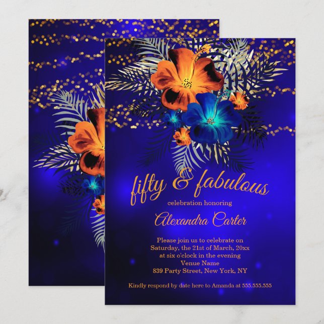 Fabulous 50 Blue glow Orange Hibiscus Birthday Invitation (Front/Back)