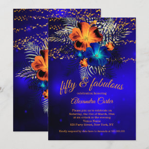 Fabulous 50 Blue glow Orange Hibiscus Birthday Invitation