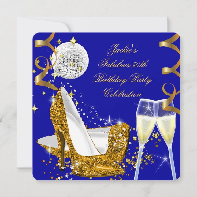 Fabulous 50 Blue Gold Glitter High Heel Birthday Invitation (Front)