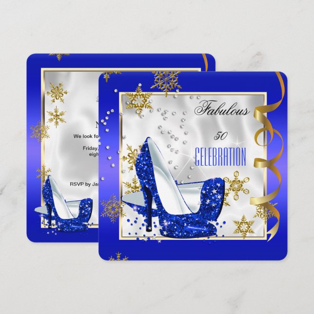 Fabulous 50 Blue Gold White Heels Birthday Party Invitation (Front/Back)