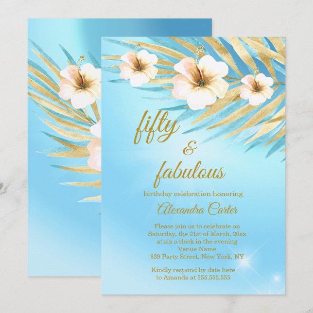 Fabulous 50 Blue Teal Gold White Floral Birthday Invitation (Front/Back)